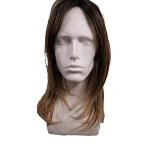 Medium Length Blonde Brown Ombre  Straight Layered Synthetic Hair Wig W/Hint Red